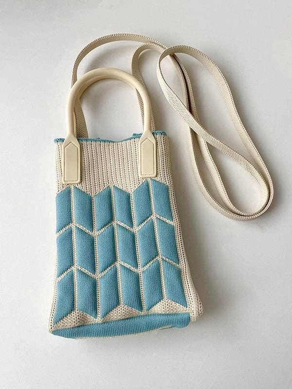 Blue & Ivory Contrast Geometric Knit Bag with Silicone Handle and Long Knit Strap Stylish Functionality Outdoor Function