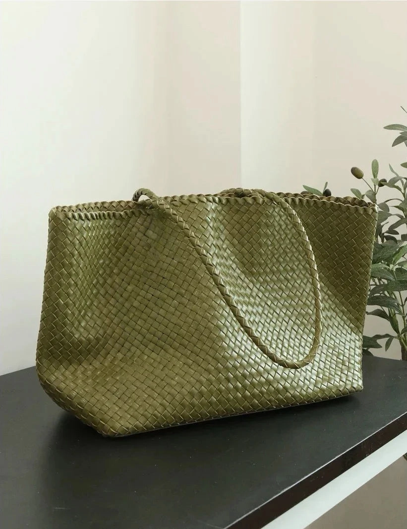 Summer Handwoven Cowhide Leather Tote Bag, Large Soft Slouchy Shoulder Bag, Lightweight Travel & Commuter Fashion Shopper Bag For Women Compact Comfort Travel Performance