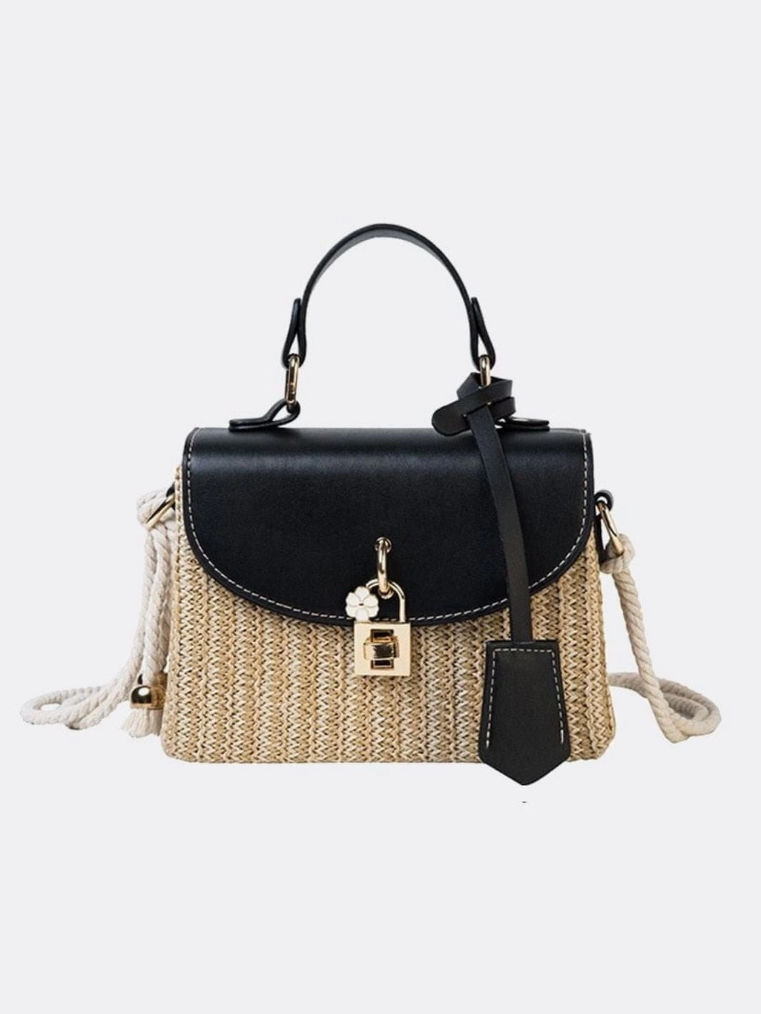Structured Woven Handbag with Faux Leather Flap ?C Top Handle & Rope Strap Eco Approach