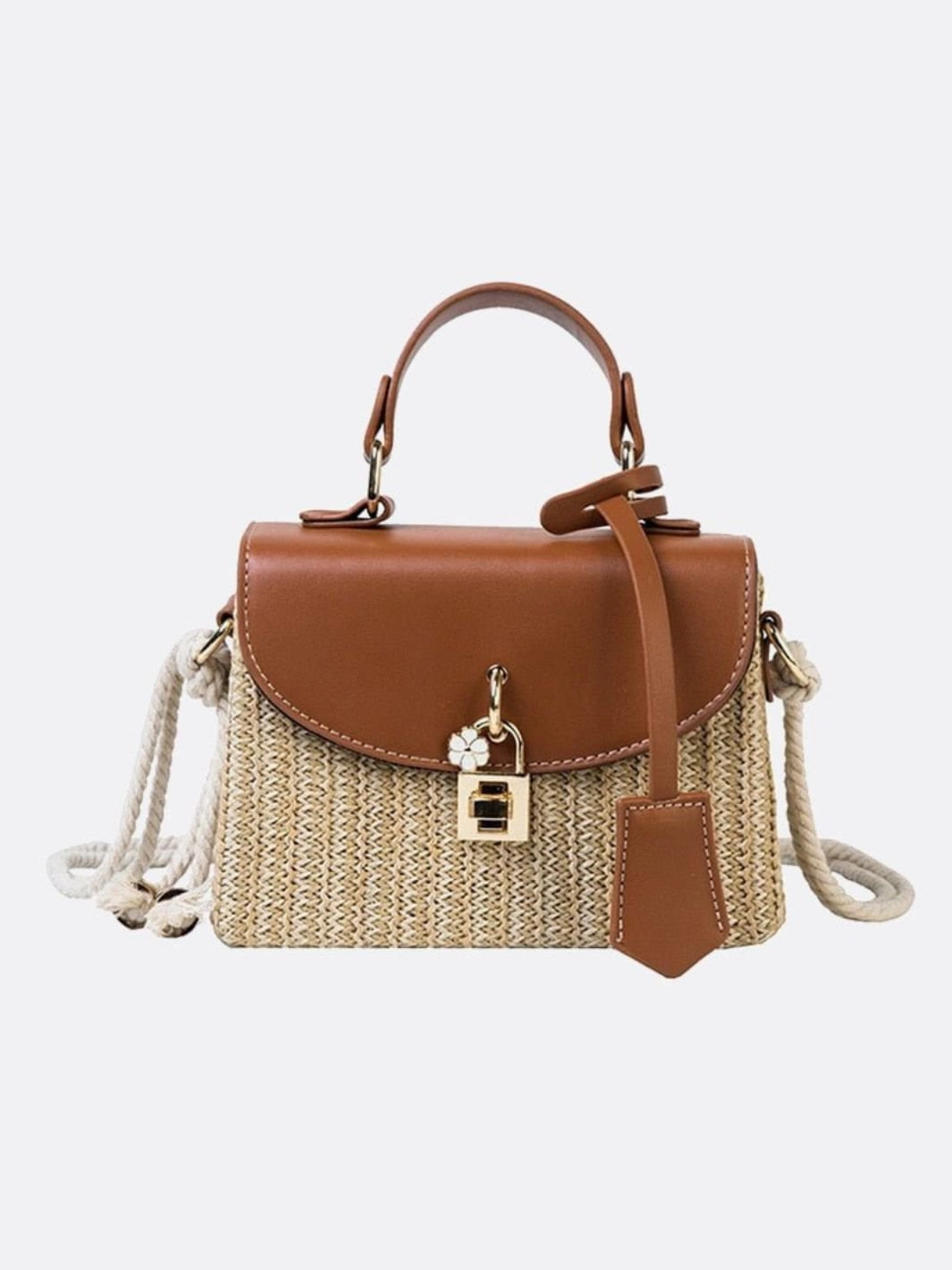 Structured Woven Handbag with Faux Leather Flap ?C Top Handle & Rope Strap Date night