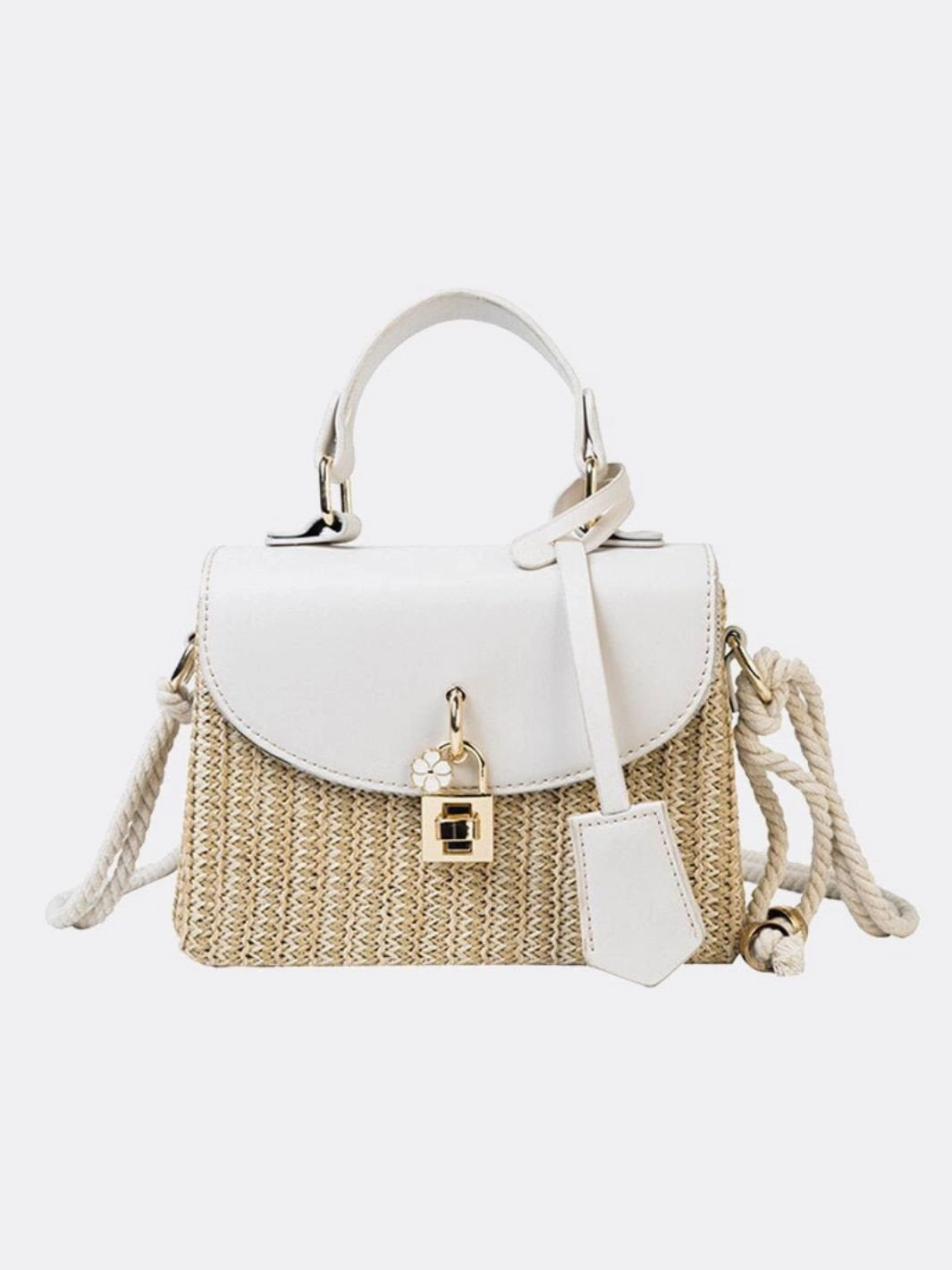 Structured Woven Handbag with Faux Leather Flap ?C Top Handle & Rope Strap Outdoor Moment