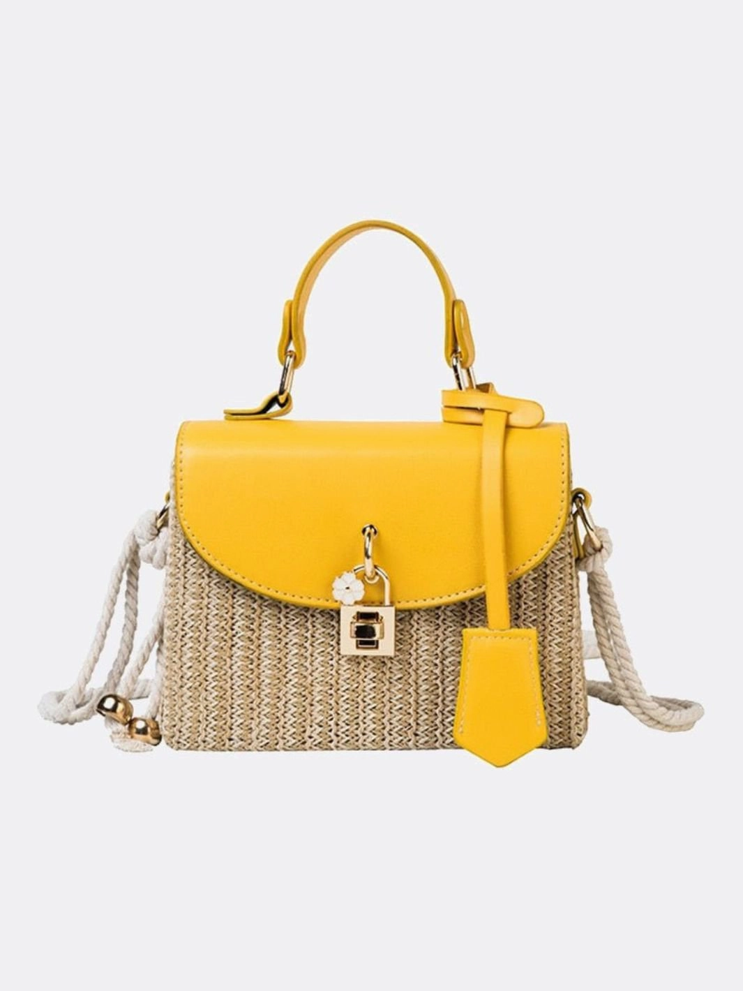 Structured Woven Handbag with Faux Leather Flap ?C Top Handle & Rope Strap Travel Gear