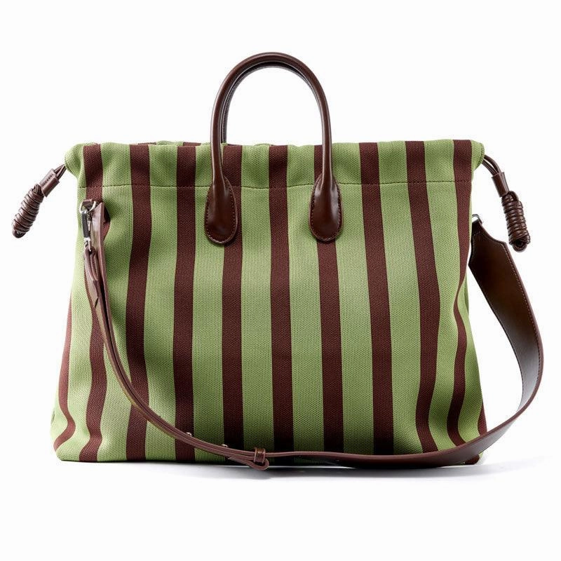 Olive & Espresso Striped Canvas Oxford Large Tote with Leather Accents | Elegant Shopper's Handbag with Crossbody Option, Women Laptop Bag Casual Style
