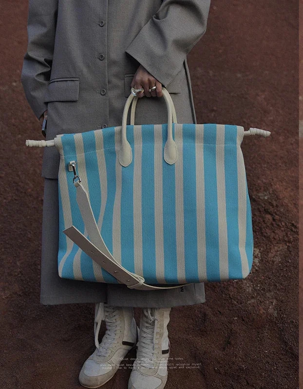 Olive & Espresso Striped Canvas Oxford Large Tote with Leather Accents | Elegant Shopper's Handbag with Crossbody Option, Women Laptop Bag City Adventure Practical Travel