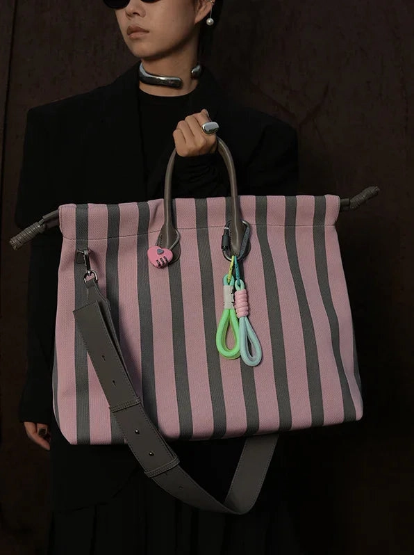 Olive & Espresso Striped Canvas Oxford Large Tote with Leather Accents | Elegant Shopper's Handbag with Crossbody Option, Women Laptop Bag Outdoor Gear