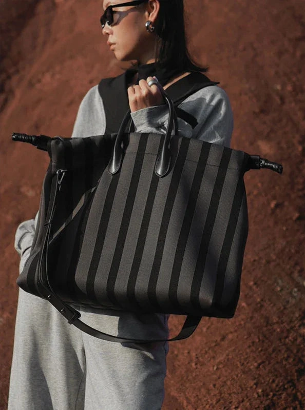 Functional Accessory Travel Ready Olive & Espresso Striped Canvas Oxford Large Tote with Leather Accents | Elegant Shopper's Handbag with Crossbody Option, Women Laptop Bag