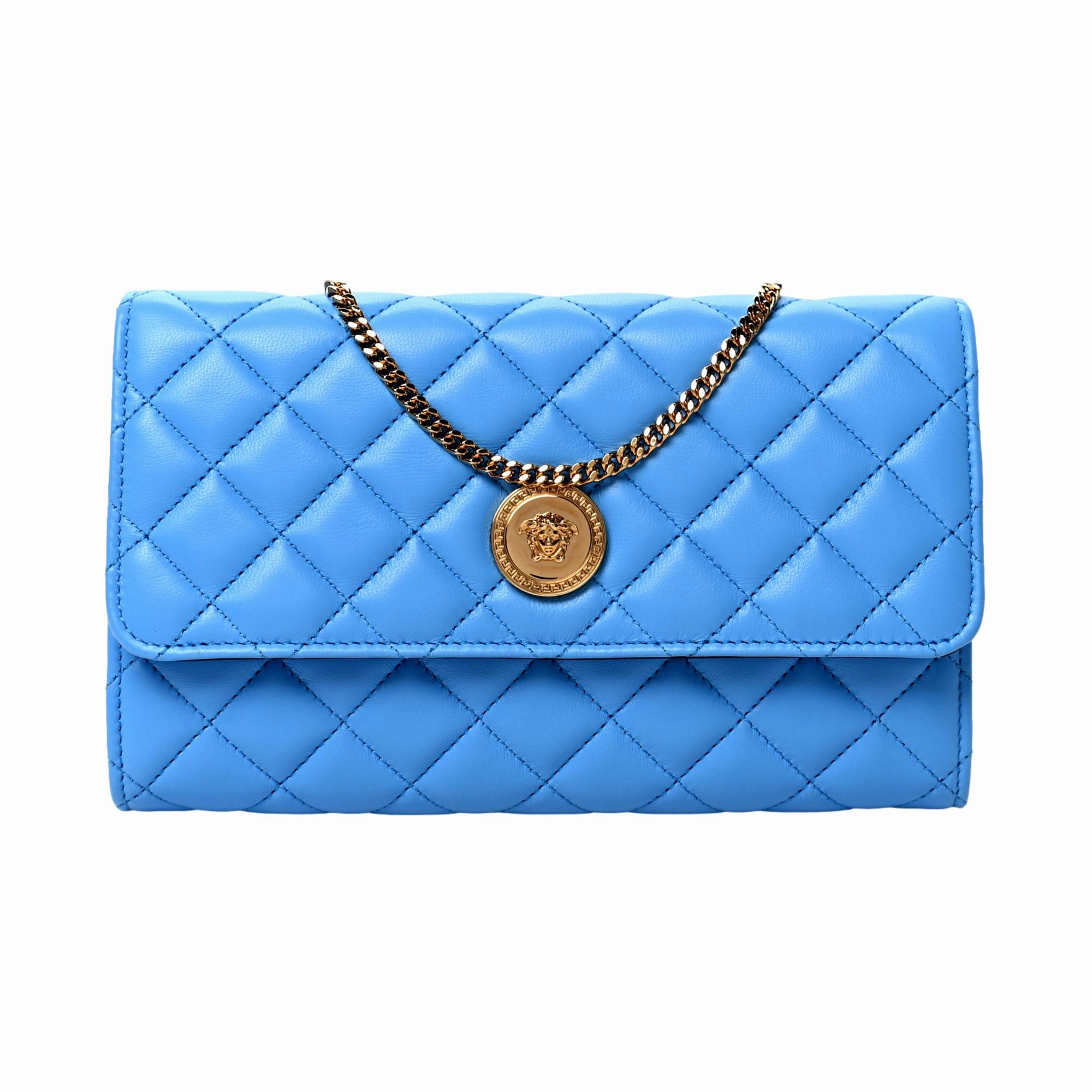Versace La Medusa Blue Quilted Lamb Leather Crossbody Clutch Bag Modern Look
