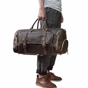 Handmade Crazy Horse Full Grain Leather Duffle Bag with Shoe Compartment Large Weekend Bag Vacation Holidays Travel Bag Best Men Gift Dark Brown Work Travel