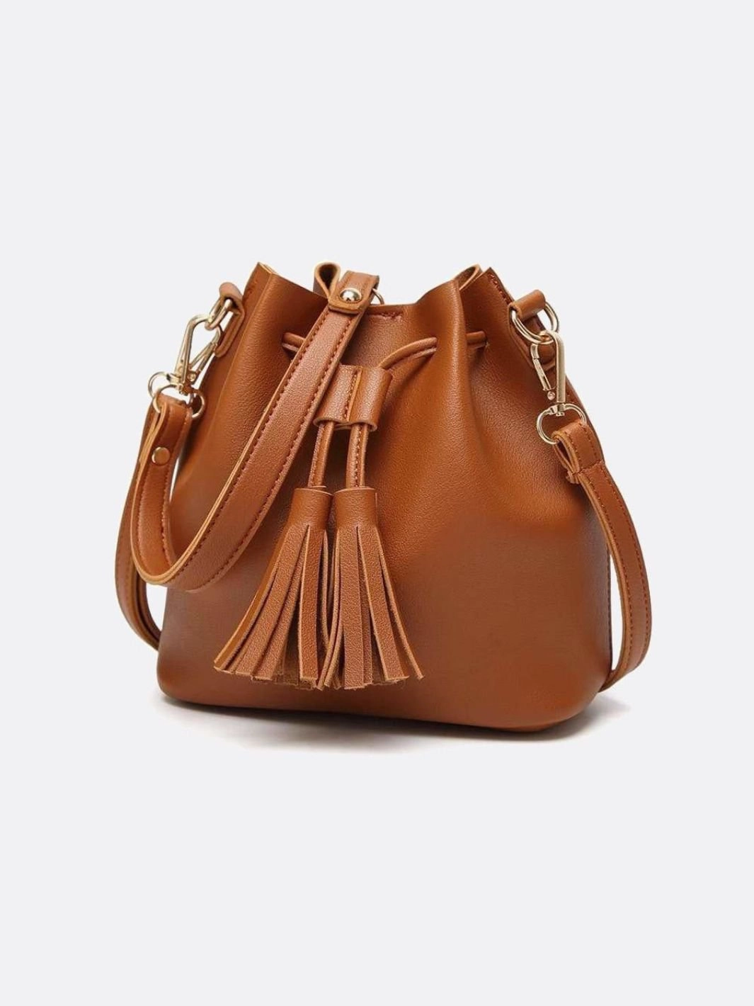 Camel Leather Bucket Bag with Tassels ?C Chic, Compact & Versatile Magnetic Closure