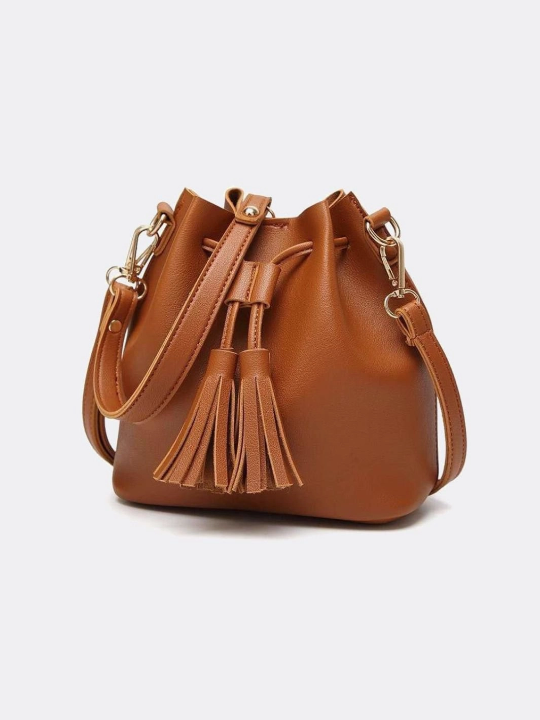 Camel Leather Bucket Bag with Tassels ?C Chic, Compact & Versatile Timeless Casual Piece Trendy Wardrobe Piece