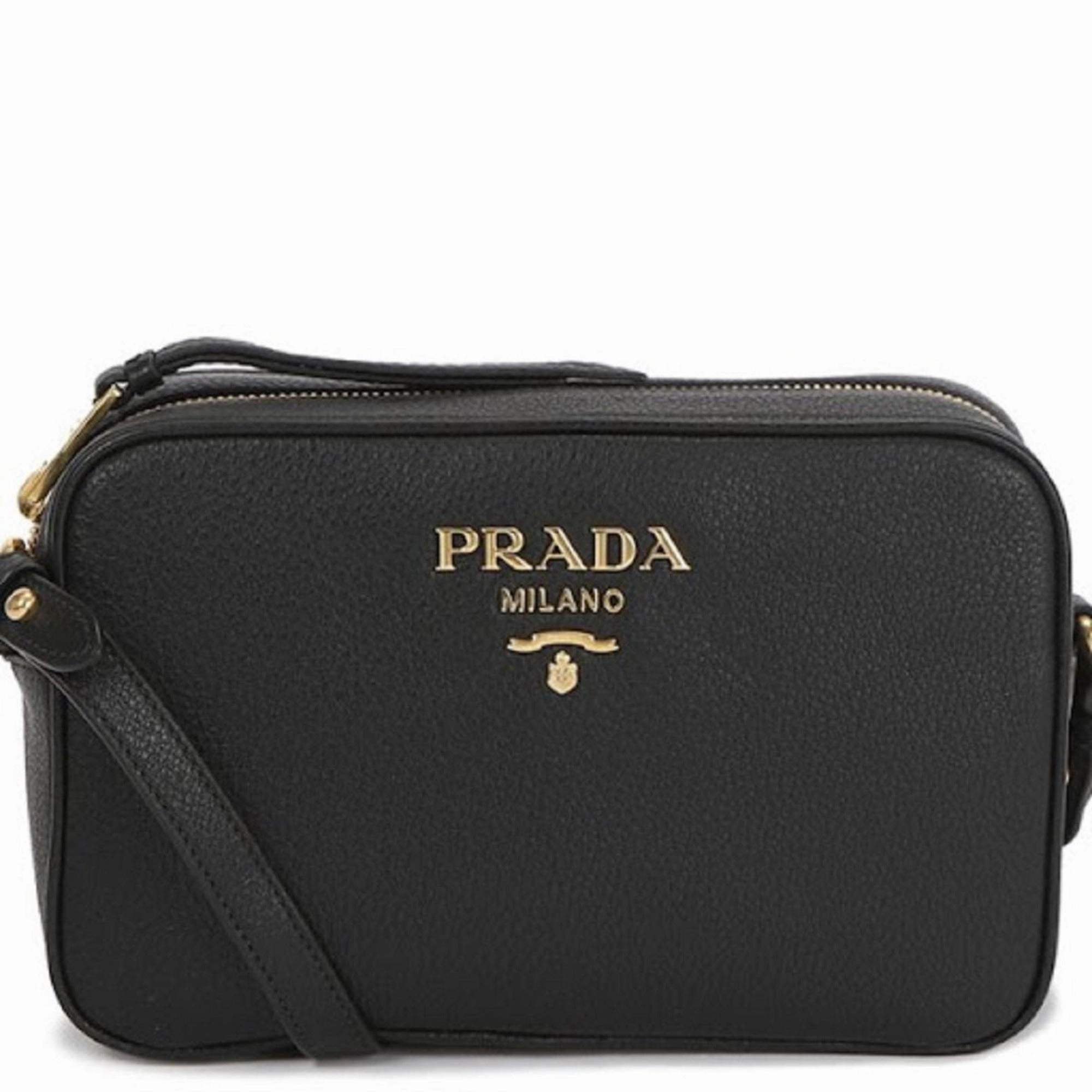 Prada Vitello Phenix Black Leather Gold Logo Camera Crossbody Bag Simple Function
