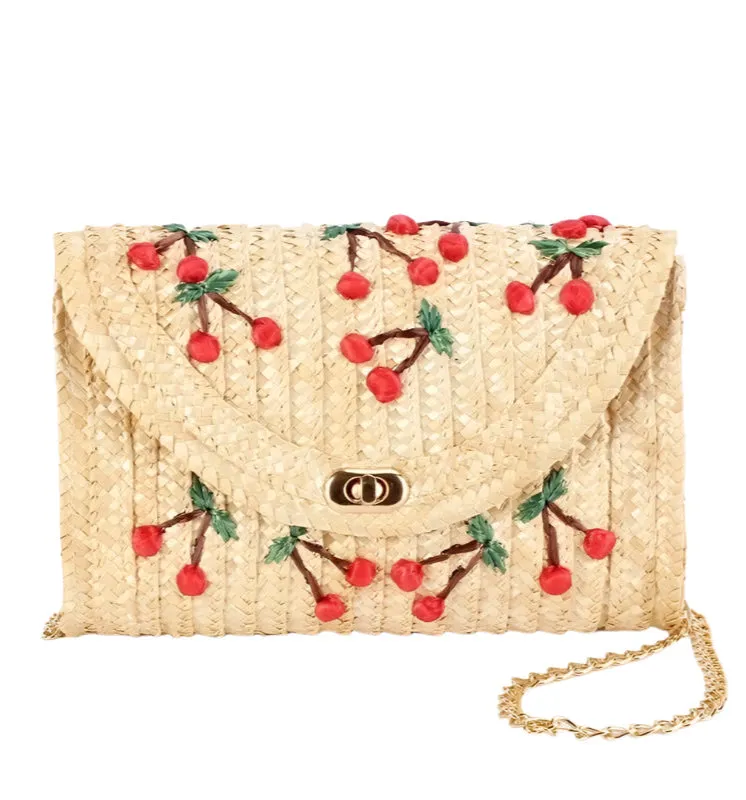 Signature Craft Premium Choice Summer Cherry Straw Crossbody Handbag