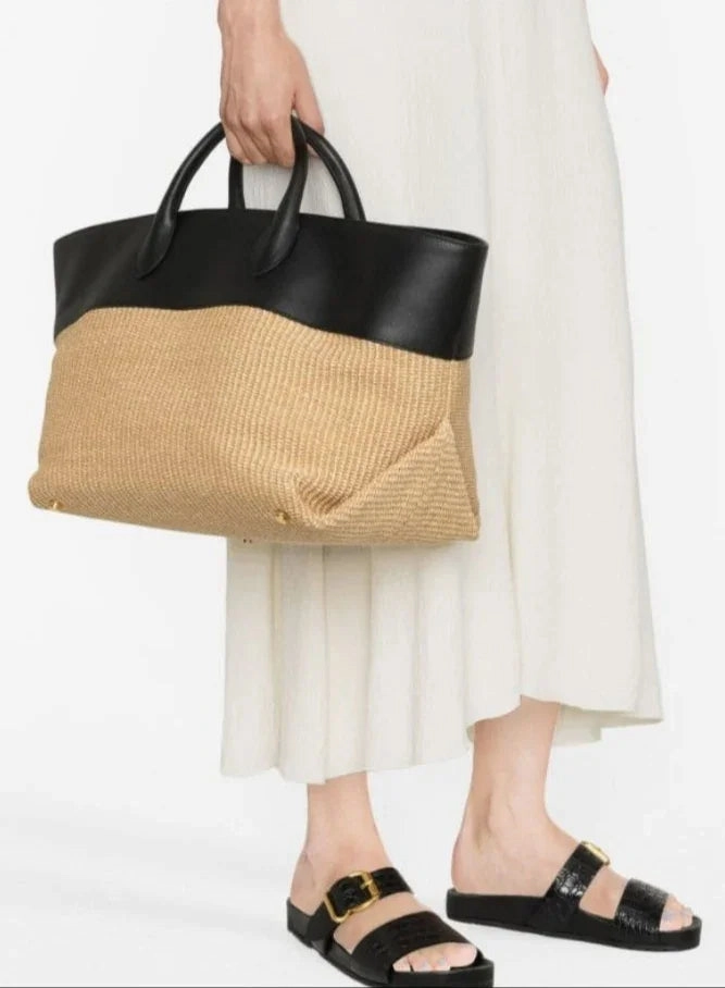 Summer Raffia Woven Tote Bag with Calf Leather Trim, Large Beach Bag, Vacation & Everyday Handbag Sleek Utility