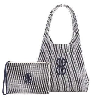 Sutton City Tote - Navy Diamond Monogram / Detachable Metal Chain - Large Office Chic