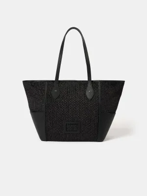 Office use The Raffia Tote - Black Raffia & Madras Grain Leather