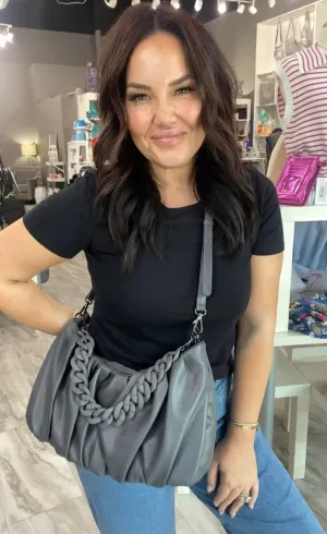 Grey Pleated Hobo with Chain Handle Busy Morning