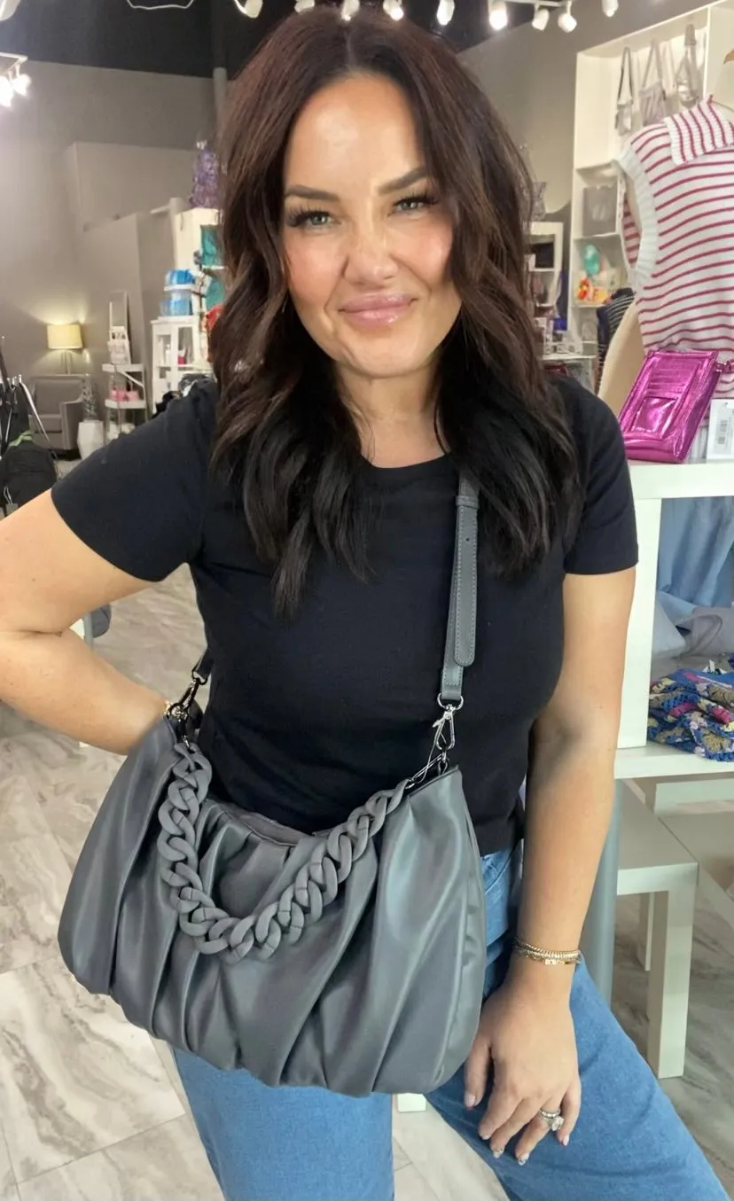 Grey Pleated Hobo with Chain Handle Busy Morning