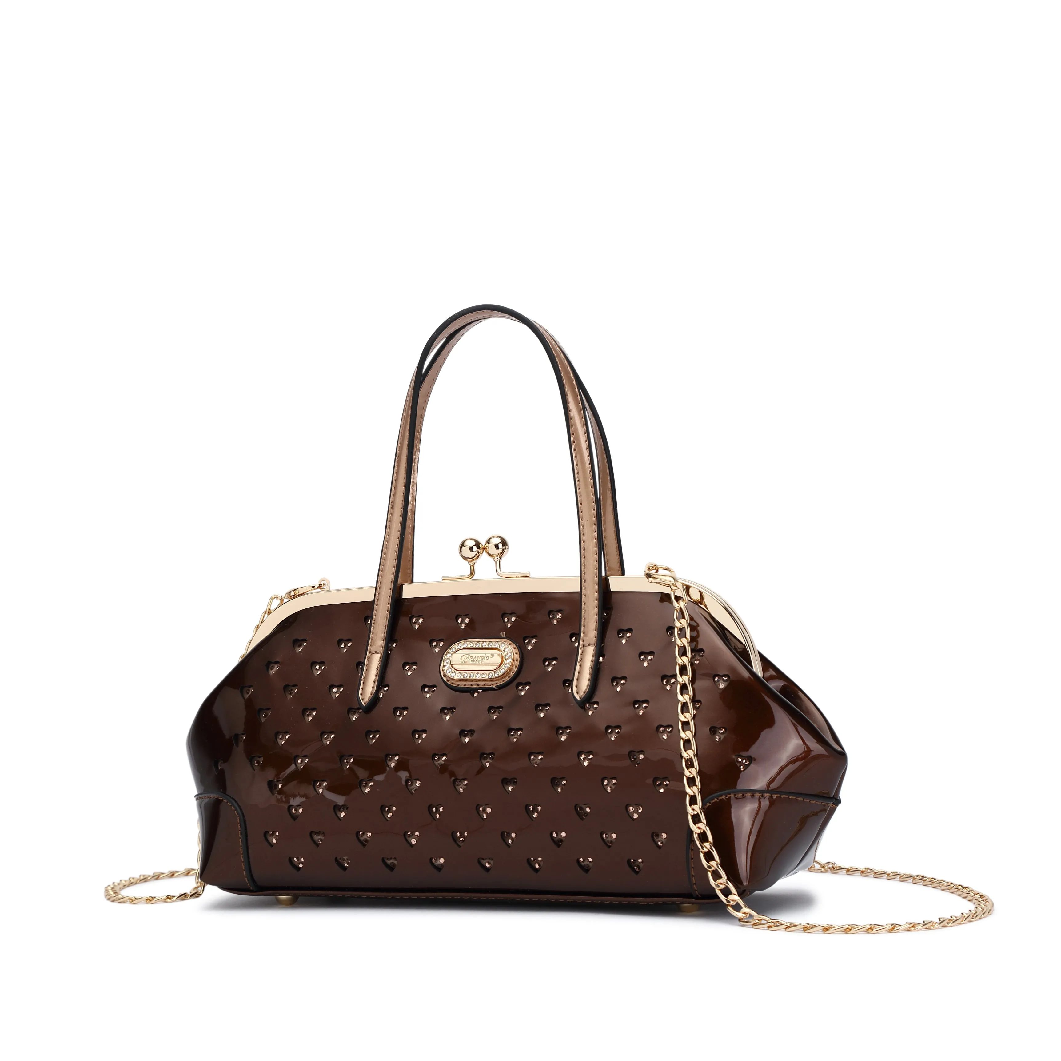 Brangio Italy Starz Art Retro Handbag ?C Metallic Rose Gold Faux Leather Satchel with Heart Studs, Kiss-Lock Clasp & Chain Strap | U.S.A. Company Ships from L.A. Formal Accessory Fashion Spirit
