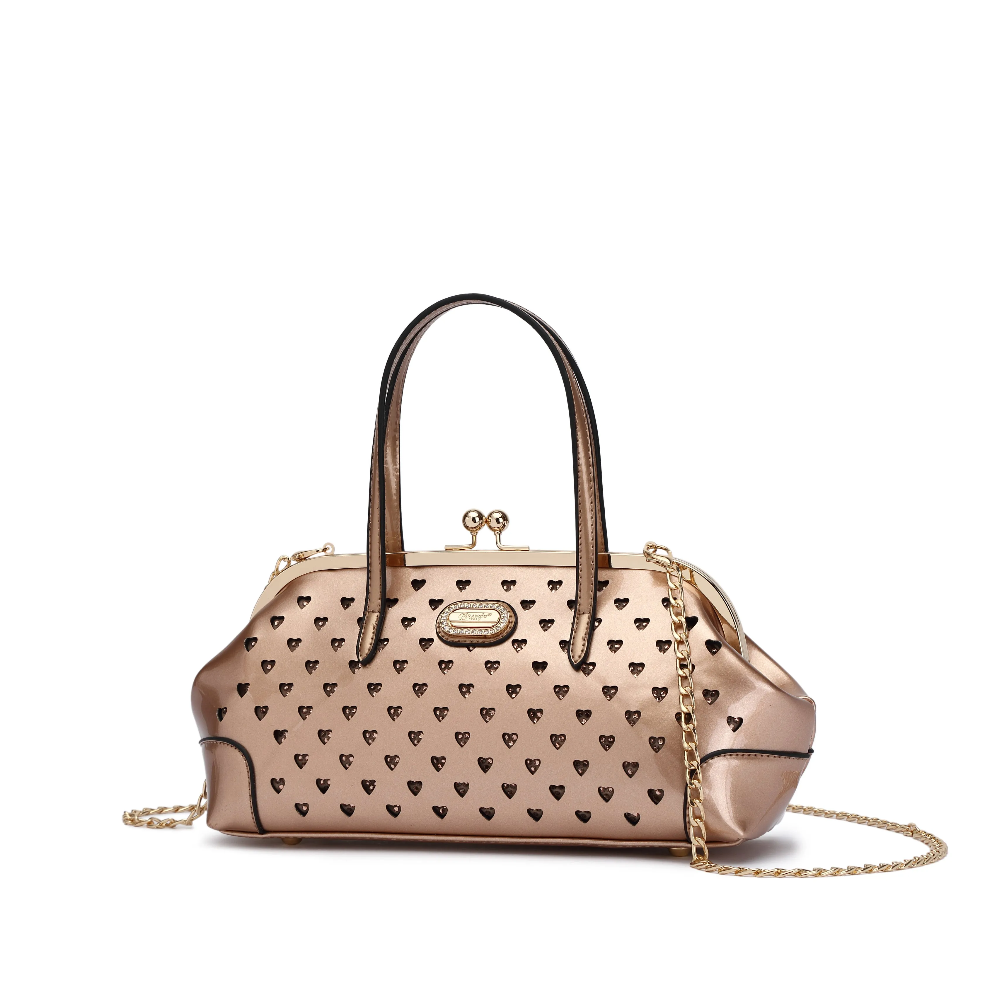 Brangio Italy Starz Art Retro Handbag ?C Metallic Rose Gold Faux Leather Satchel with Heart Studs, Kiss-Lock Clasp & Chain Strap | U.S.A. Company Ships from L.A. Unique Spirit Elegant Outfit