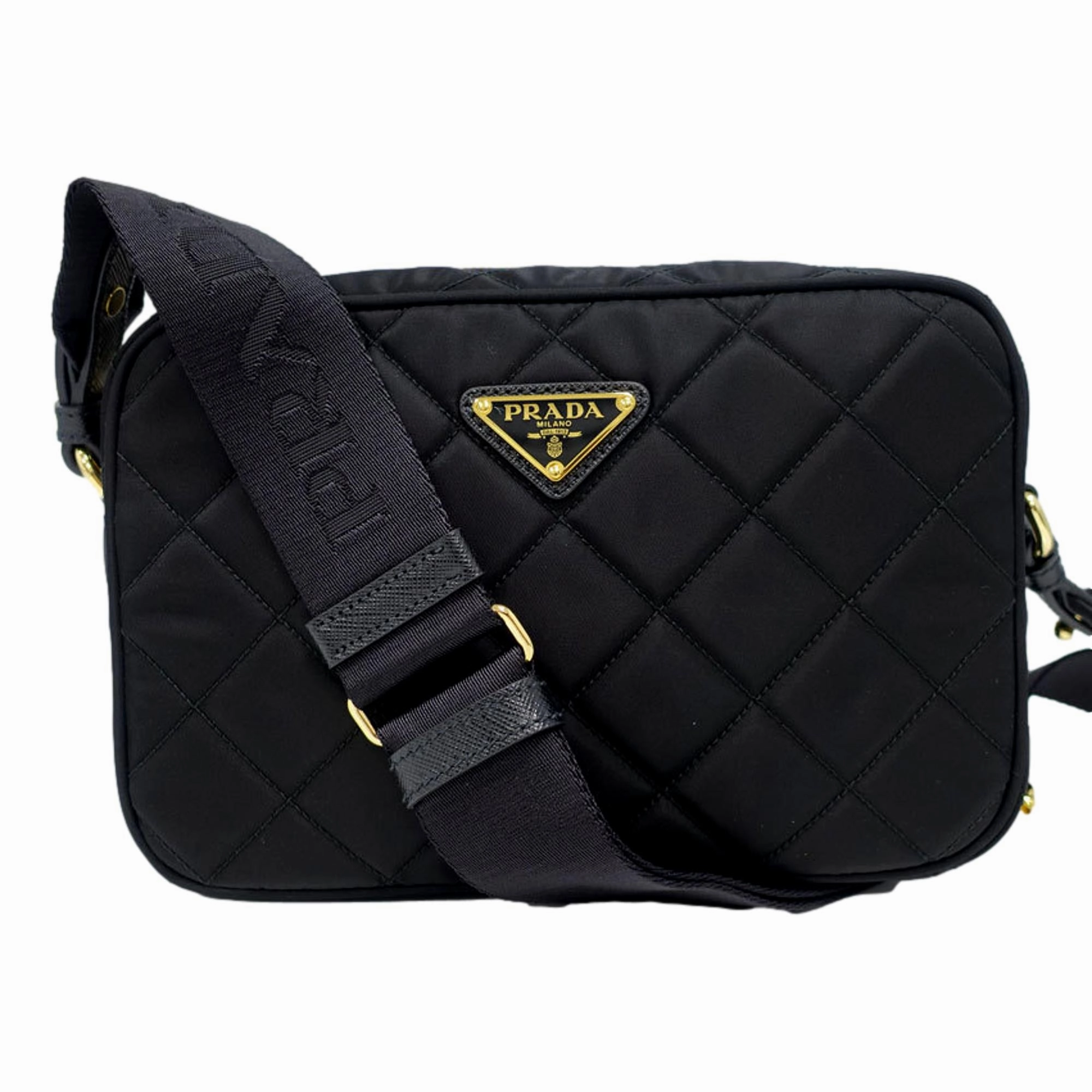 Prada Tessuto Black Quilted Nylon Triangle Logo Camera Crossbody Bag Made with long-lasting materials that can handle daily use
