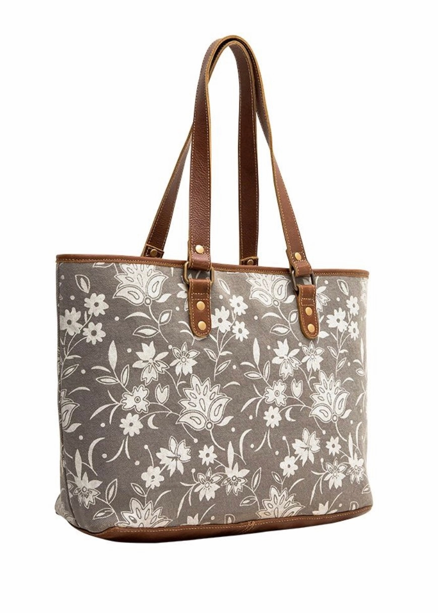 Gray Floral Leather Tote Handbag Stylish Option