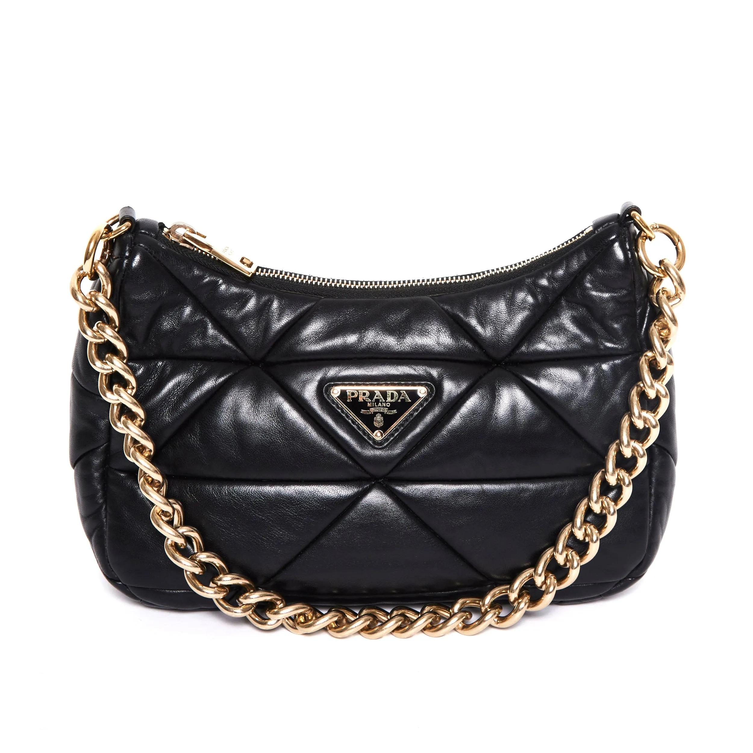 PRADA System Padded Black Nappa Shoulder Bag with Gold Hardware Everyday Classic