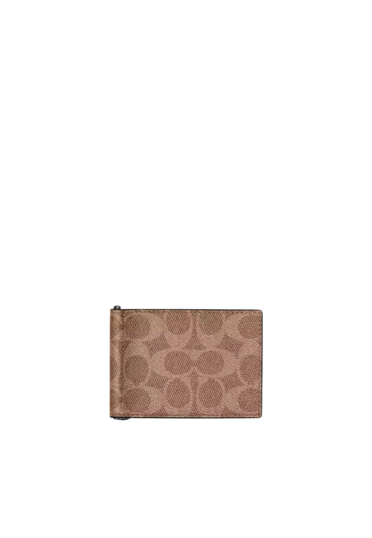 Coach Slim Money Clip Wallet Billfold In Tan Black CY059 Elegant Details