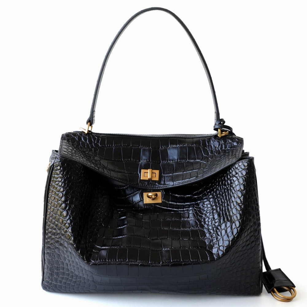 Vessara | Black Croc-Embossed Leather Bag ?C Bold & Luxurious Daily Commute