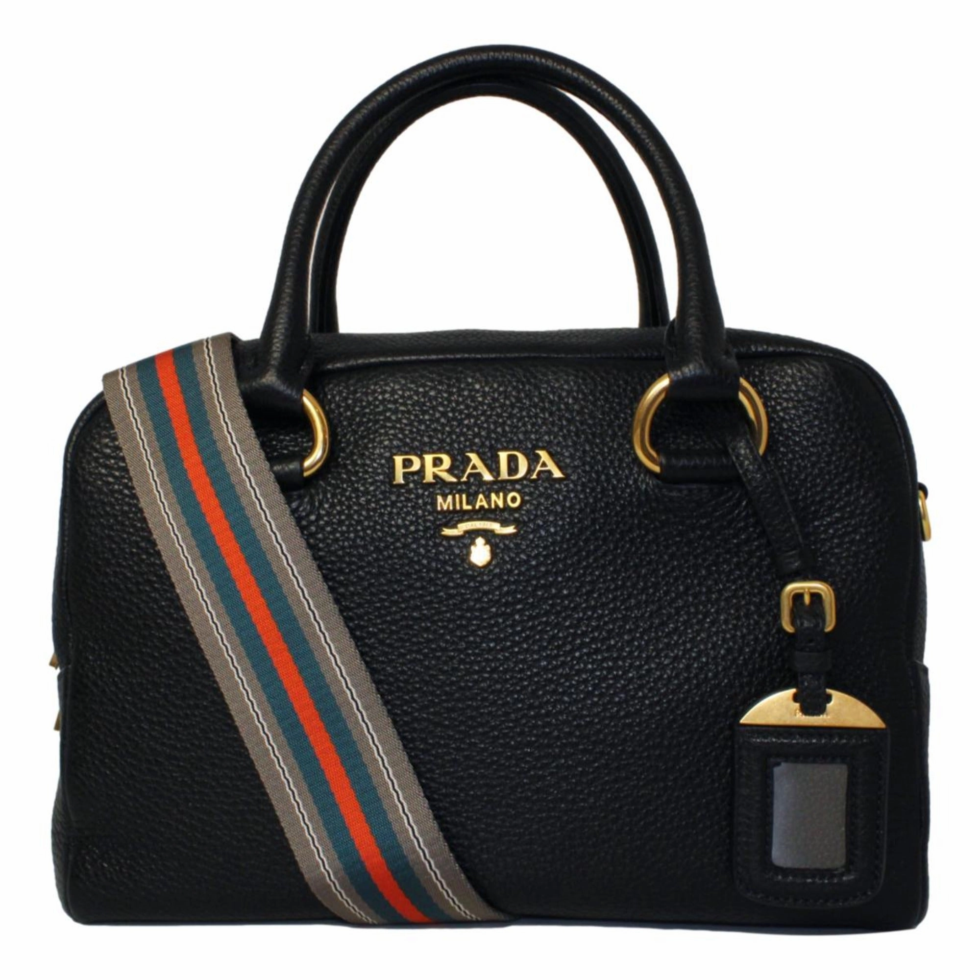 Prada Vitello Phenix Black Leather Web Stripe Crossbody Satchel Bag Spacious enough for your essentials yet compact for easy carrying Flexible Motion