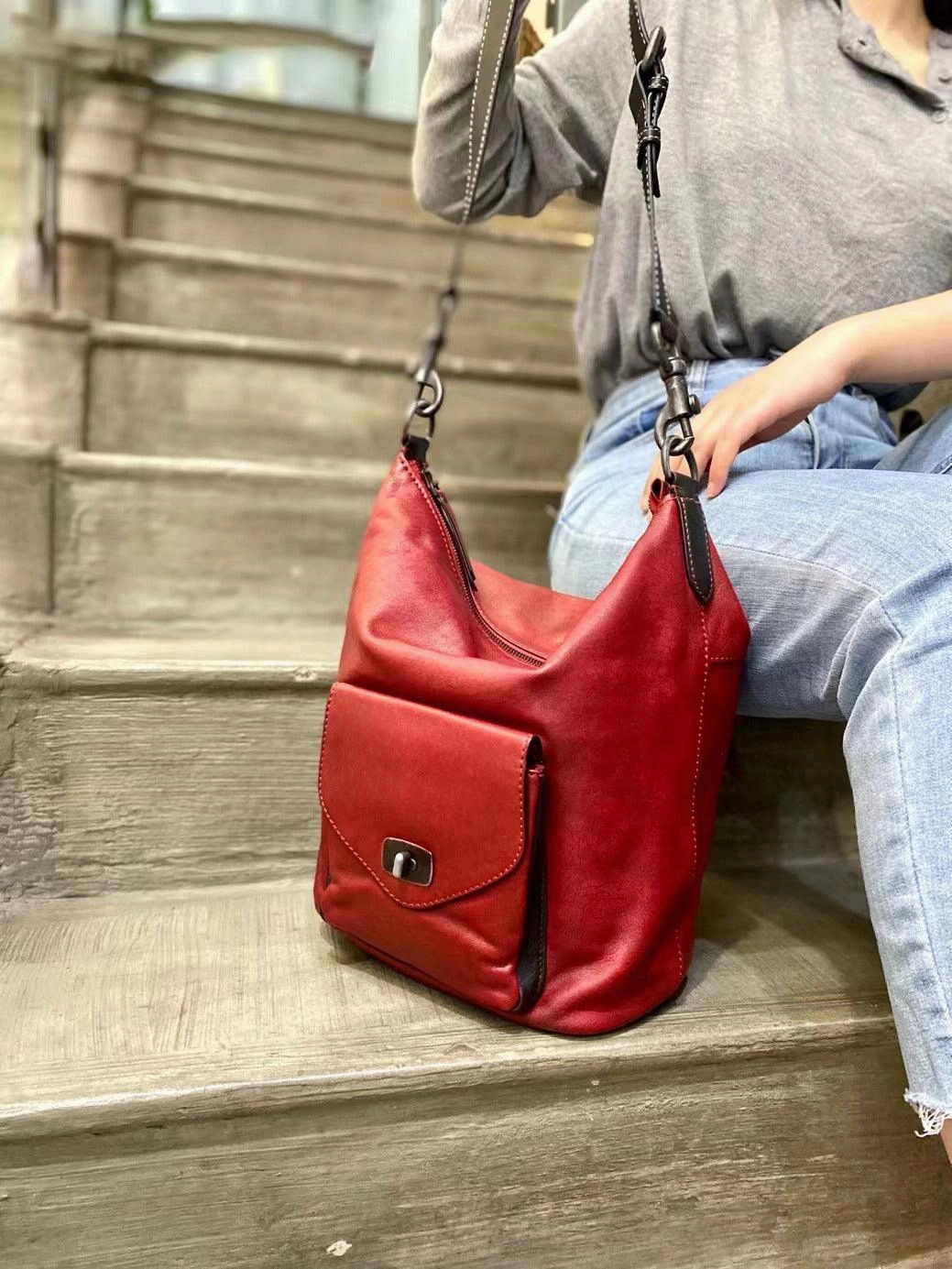 Vintage Full Grain Leather Hobo Shoulder Bag ?? Handcrafted Cowhide Leather Bucket Bag Travel Ready