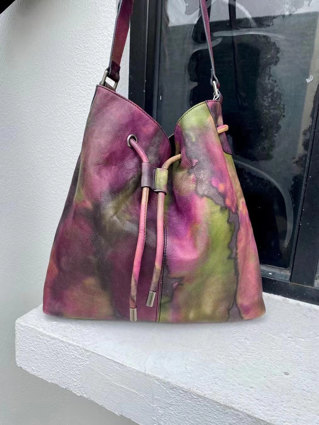 Travel Lifestyle Everyday Functionality Italian Luxury Cowhide Leather Drawstring Bucket Bag in Camouflage Purple, Women Handcrafted High-End Genuine Leather Shoulder Bag