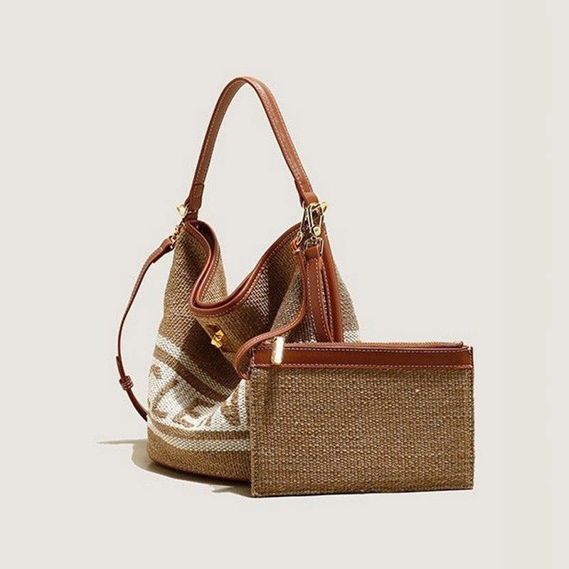 Women's Vintage Woven Wool Bucket Bag with Leather Trim and Matching Pouch Light Commuter Bag Soft Texture Finish