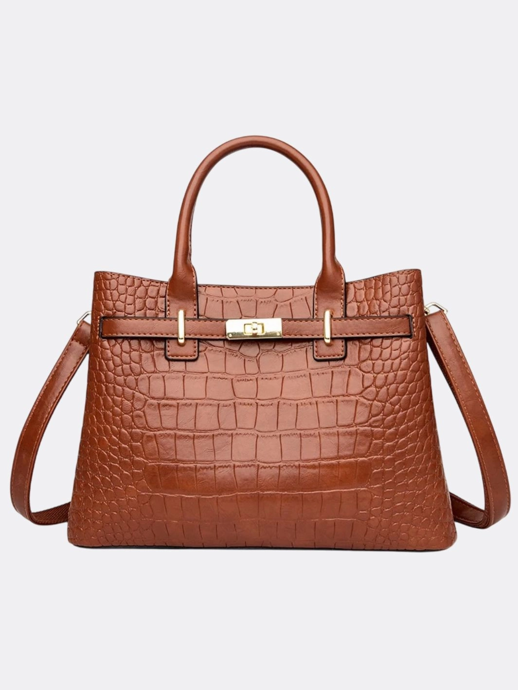 Valencia Croc-Embossed Leather Tote ?C Structured Top Handle Bag with Lock Detail Functional Accessory
