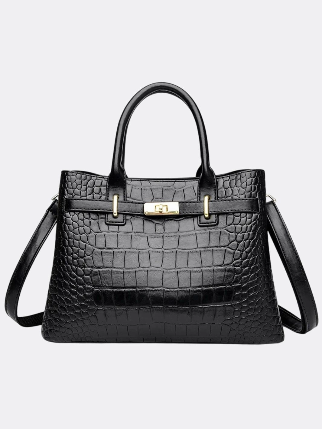 Compact Function Modern Travel Valencia Croc-Embossed Leather Tote ?C Structured Top Handle Bag with Lock Detail