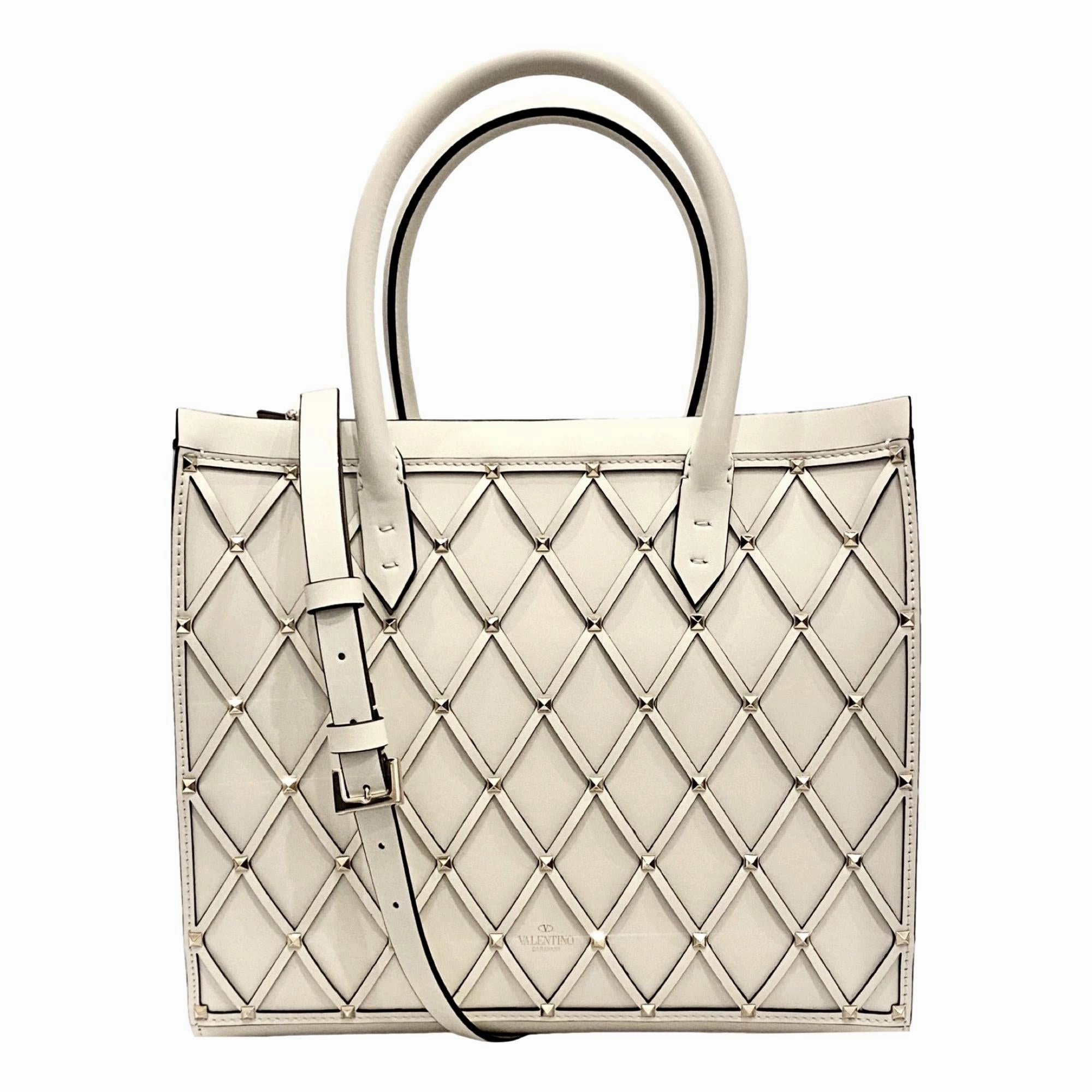 Valentino Garavani Beehive Lattice Ivory Studded Leather Crossbody Tote Modern Utility
