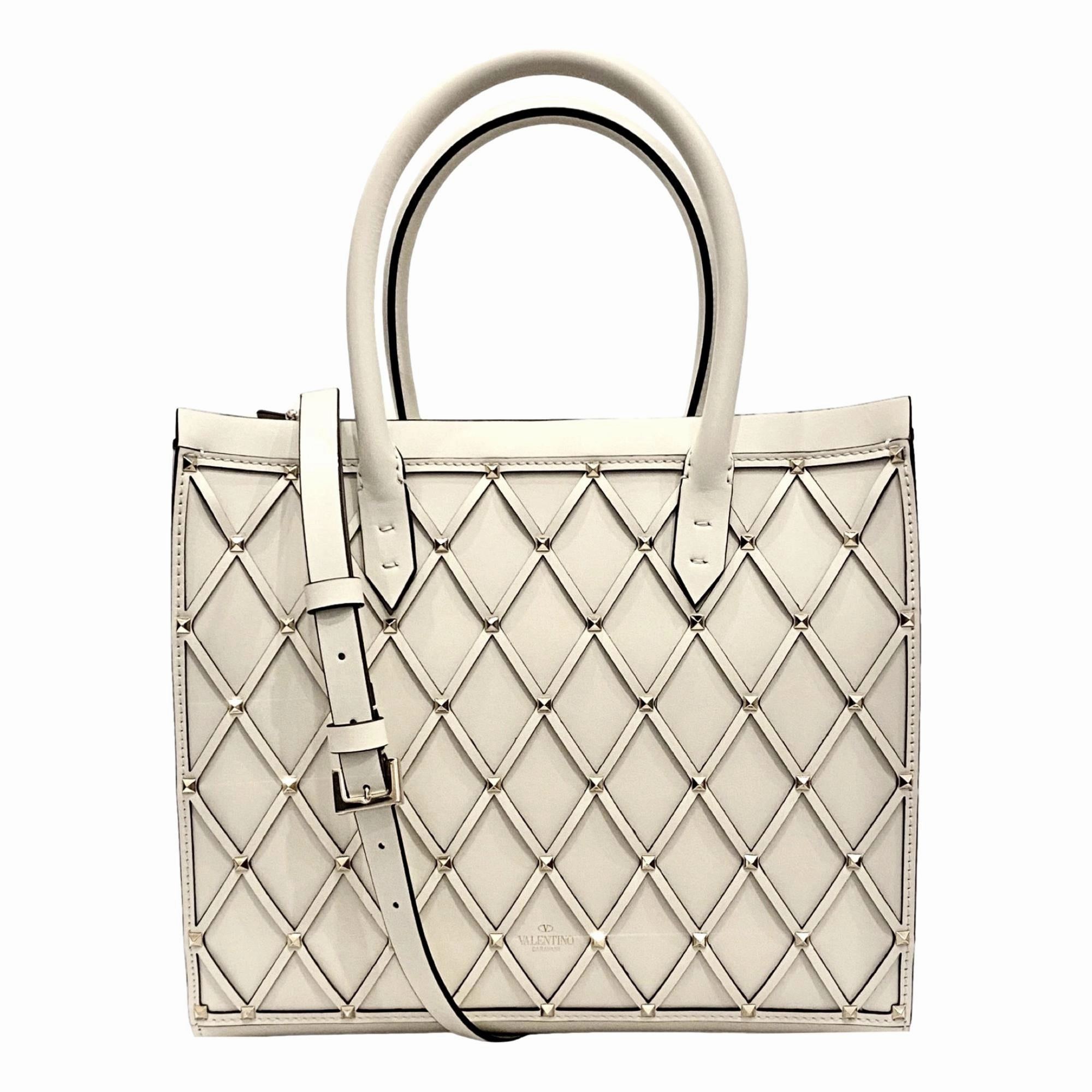 Comfortable Carry Urban Accent Valentino Garavani Beehive Lattice Ivory Studded Leather Crossbody Tote