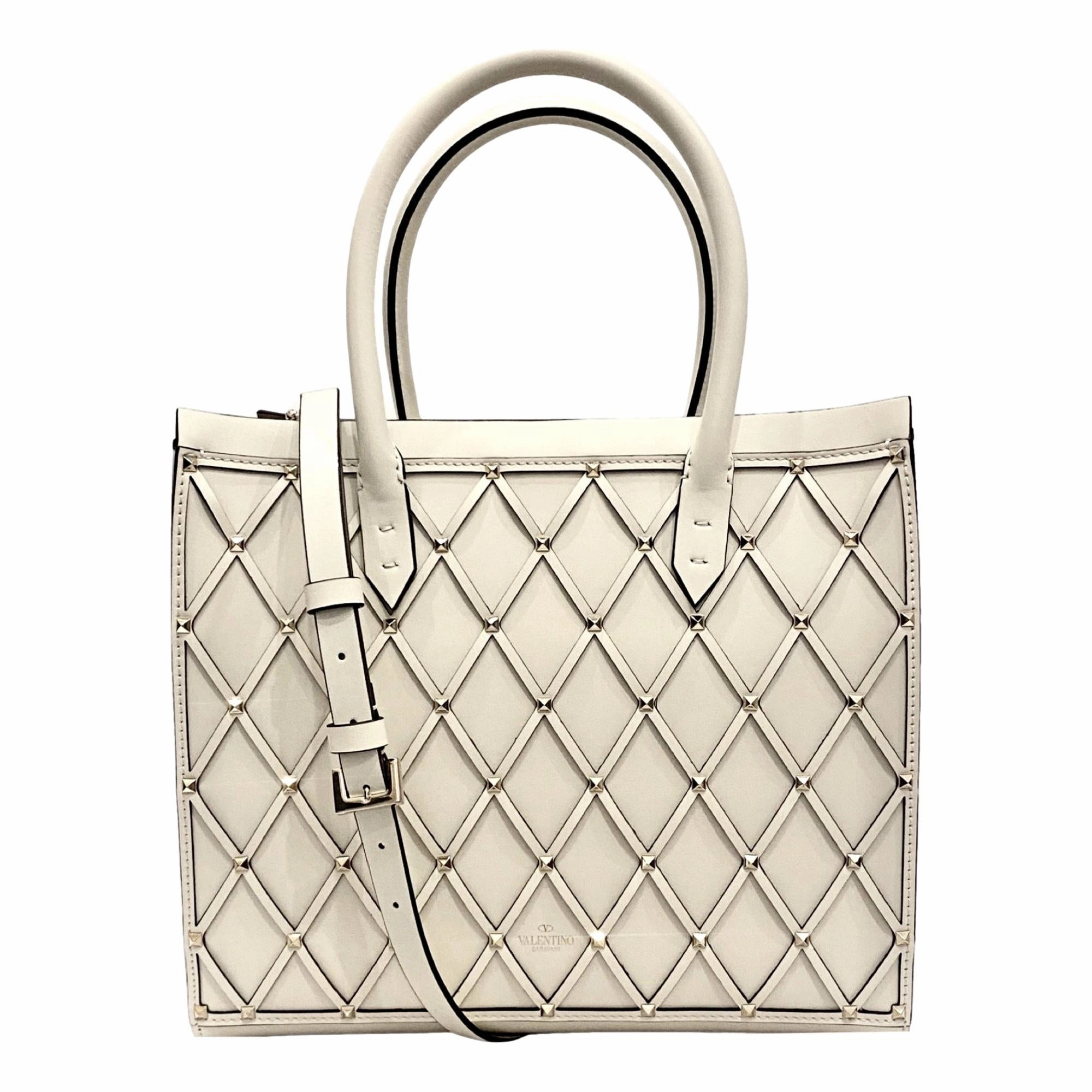 Compact Shape Practical Everyday Style Valentino Garavani Beehive Lattice Ivory Studded Leather Crossbody Tote