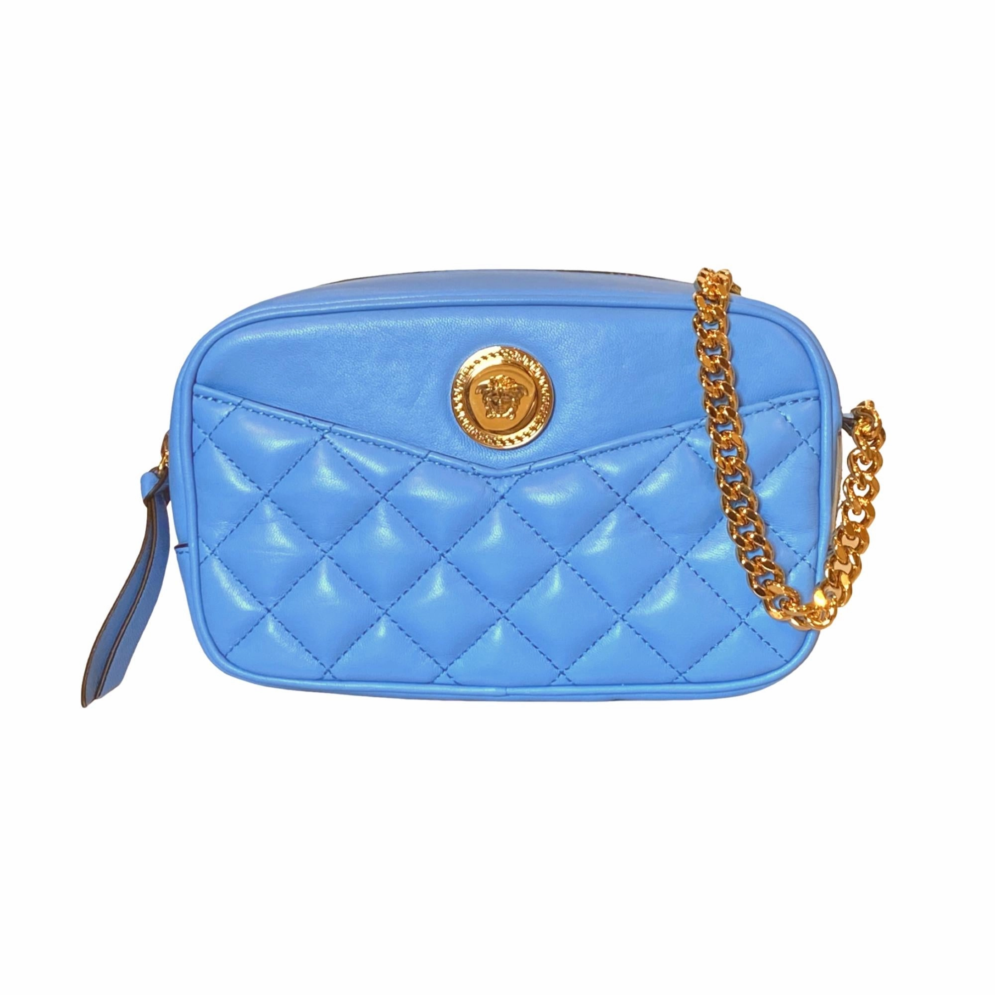 Chic Look Versace La Medusa Blue Quilted Small Camera Crossbody Bag