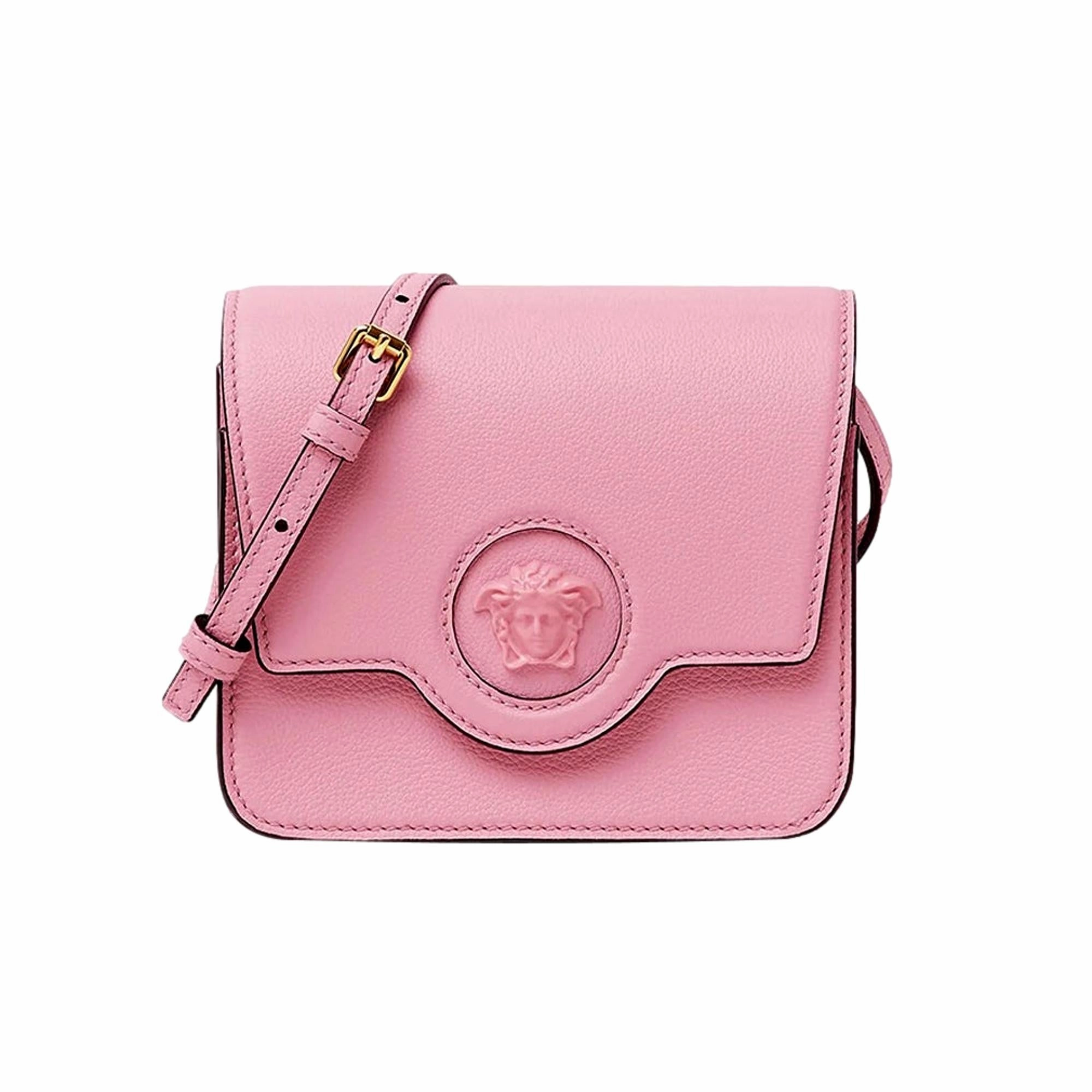 Compact Portability Compact yet holds everything you need without feeling heavy Versace La Medusa Logo Plaque Pink Pebbled Leather Crossbody Bag