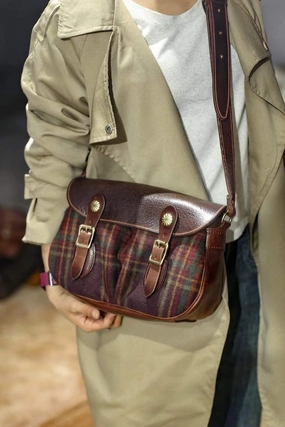 Versatile and Stylish Handcrafted Plaid Wool and Full Grain Leather Crossbody Bag Stylish Detail
