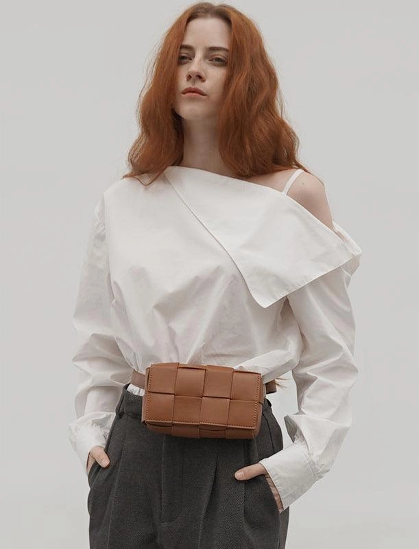 Functional Style Simple Gear Versatile Calfskin Leather Squared Woven Bag with Interchangeable Gold Chain and Leather Straps, Minimalist Crossbody Bag, Waist Bag