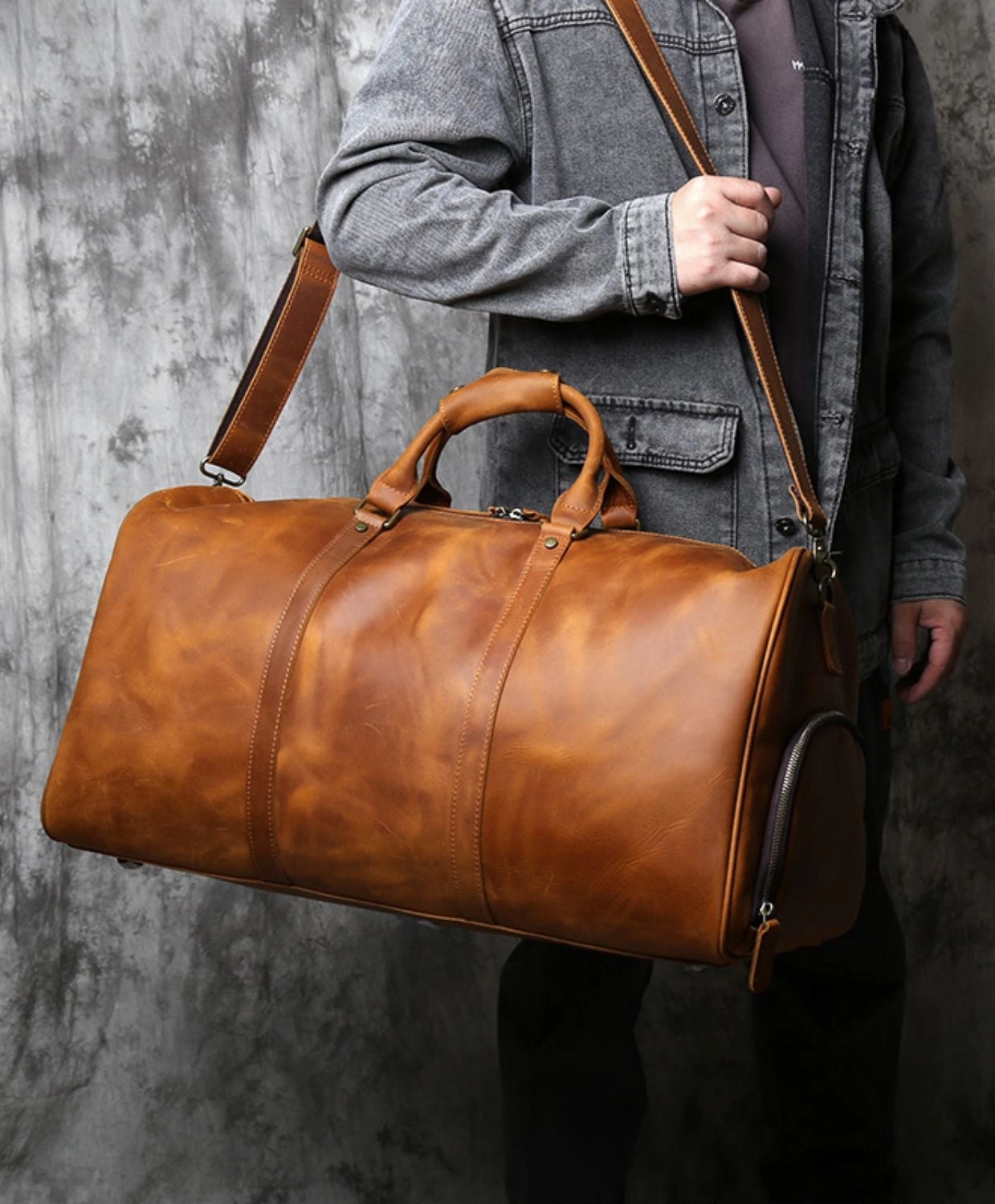 Handmade Crazy Horse Leather Duffle Bag | Full Grain Leather  Large Vacation Travel Bag | Travel Holdall, Lightweight Cabin Luggage, Leather Gym Bag Simple Gear Chic Accessory