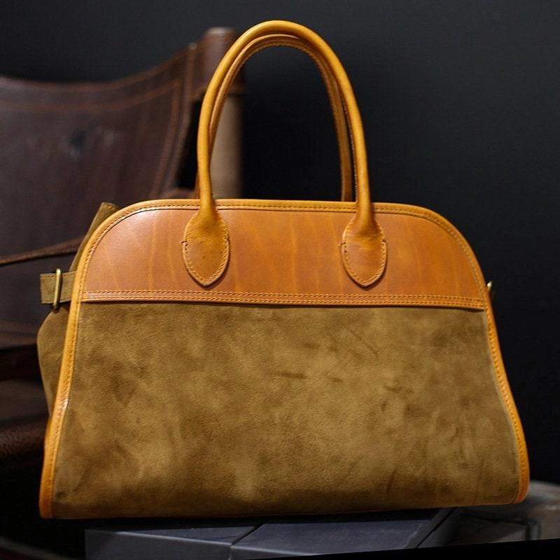 Handcrafted Italian Cowhide Leather Handbag, Velvety Soft Suede Leather Domed Satchel,  Leather Laptop Bag, Weekend Bag, Christmas Gift Sleek Appearance Water Resistant