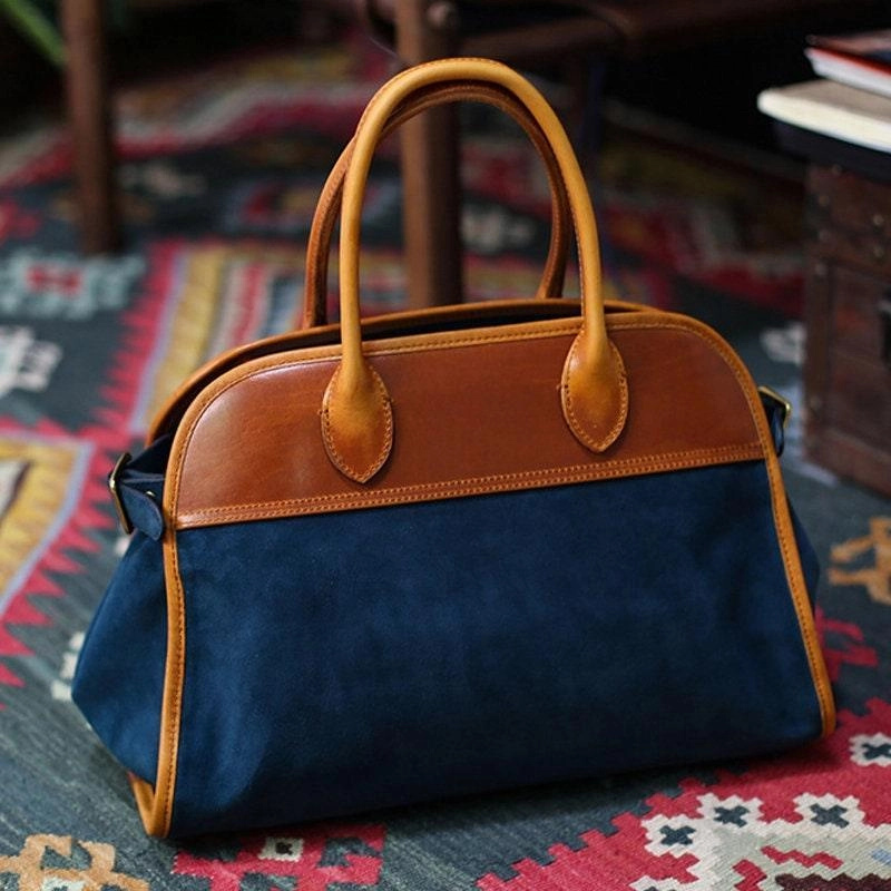 Handcrafted Italian Cowhide Leather Handbag, Velvety Soft Suede Leather Domed Satchel,  Leather Laptop Bag, Weekend Bag, Christmas Gift Water Resistant