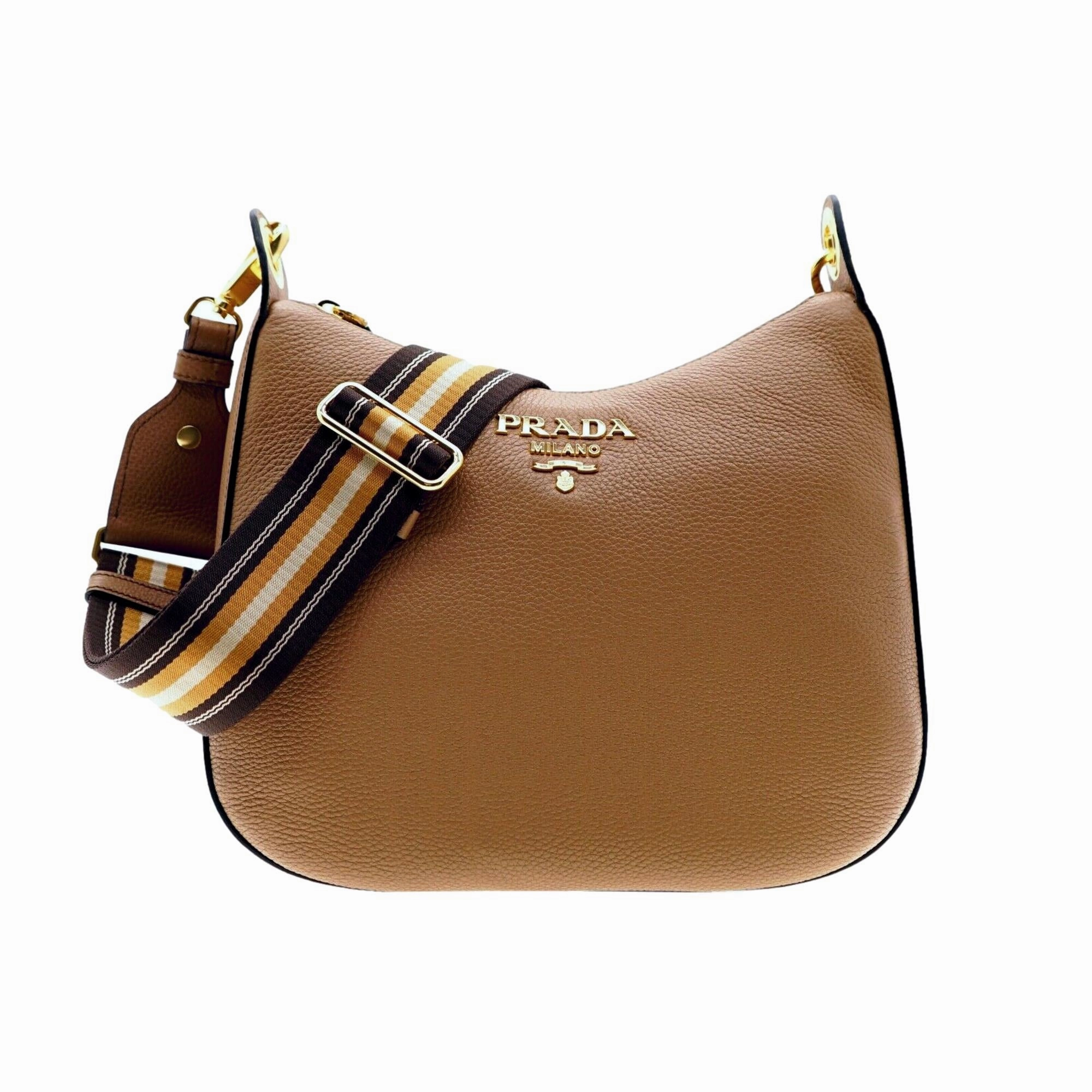 Prada Vitello Phenix Caramel Brown Leather Web Stripe Crossbody Bag Weekend Escape Casual Function