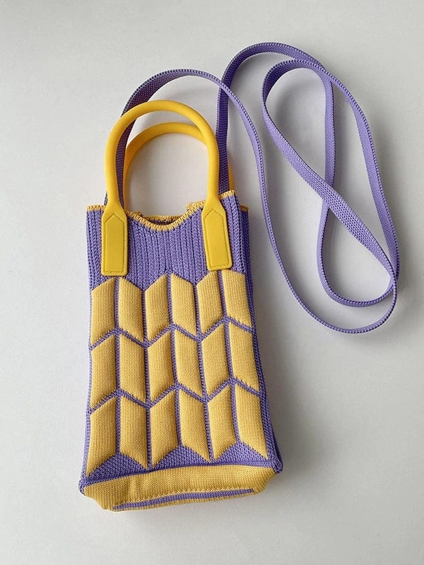 Fashion Simplicity Versatile Accessory Purple & Gold Contrast Geometric Knit Bag with Silicone Handle and Long Knit Strap