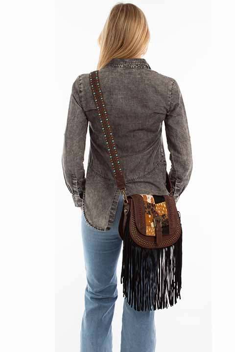 Western Shoulder Bag Suede Brown Fringe Functional Design