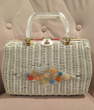 Elegant Form Bold fashion tote White Vintage Wicker Flower Handbag with Lucite Handles