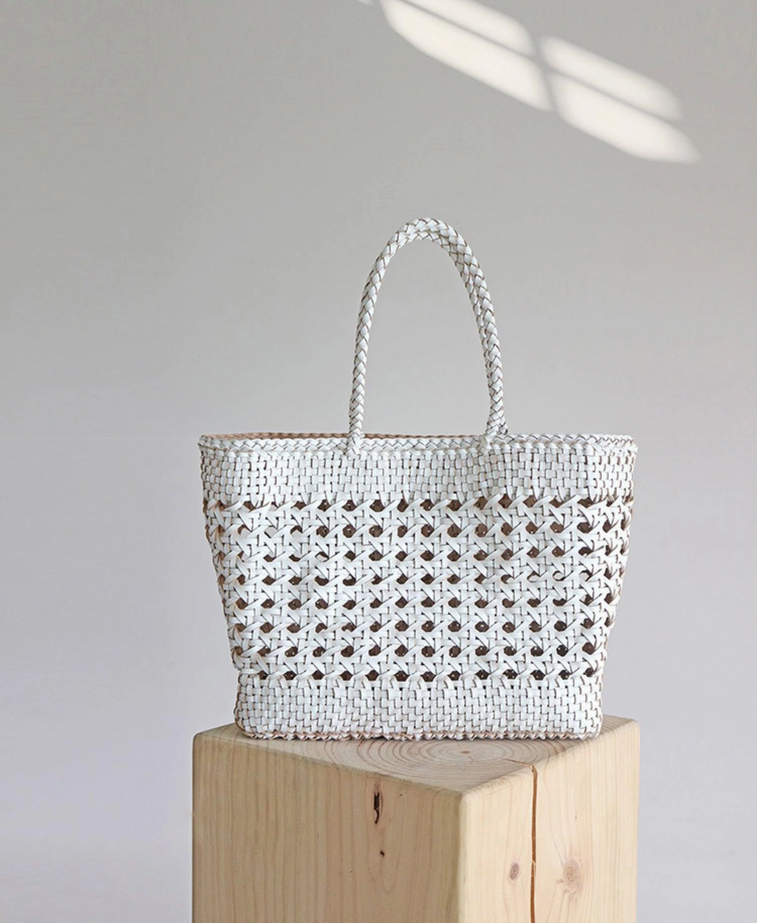 Travel Ready White Genuine Leather Hand Woven Cuboid Shaped Ladies TOTE, Open Rattan Woven Triple Jump Bamboo Ladies Hobo Holiday Bag, Beach Basket Bag