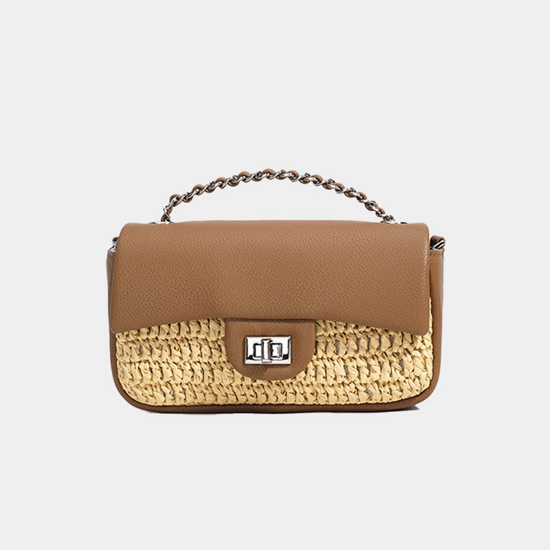 Women's Minimalist Straw Woven Leather Crossbody Bag with Silver Chain Handle Travel Gear Durable Construction